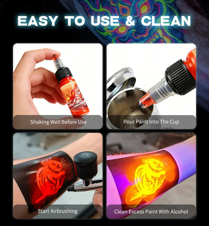 UV Airbrush Tattoo Ink 15ml Fluorescent Body Paint for Festival Waterproof Temporary Tattoo Last 3–7 Days Skin Safe Easy Removal