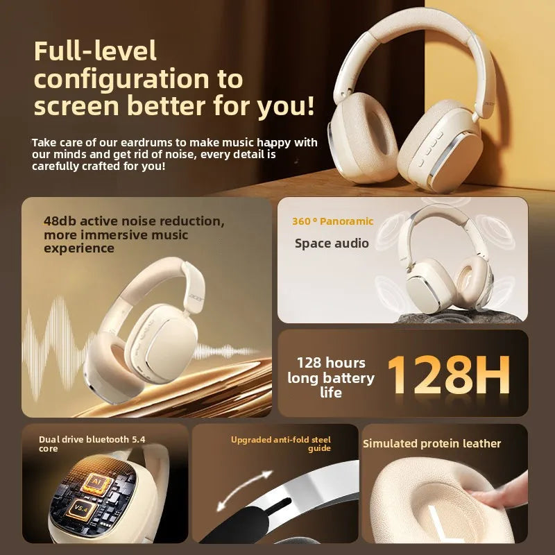 Acer OHR525 Bluetooth Headset ANC – Aktiv Brusreducering -48dB ENC 128h Batteritid 1000mAh USB-C Hopfällbar CE Beige Svart