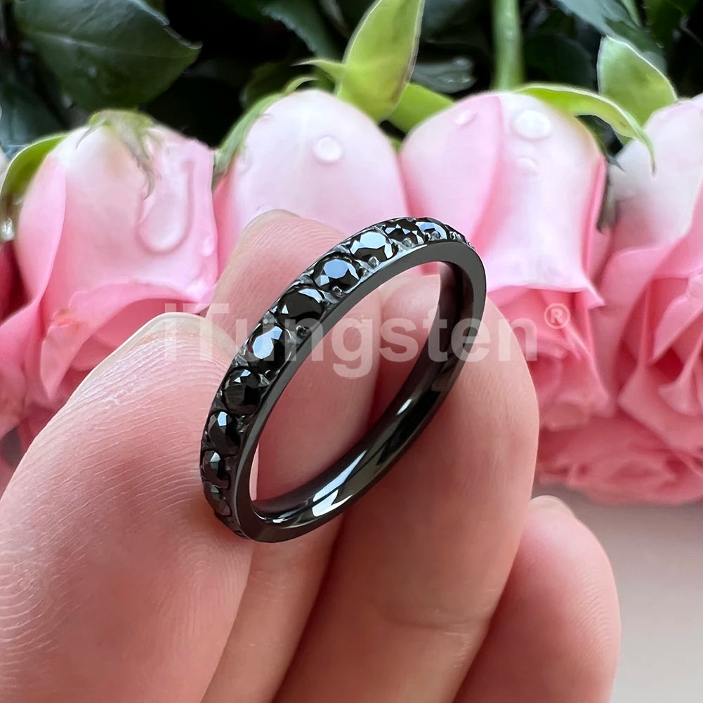 ITungsten 2/3/4mm Men Women Titanium Princess Cubic Zirconia CZ Inlay Ring Nice Eternity Engagement Wedding Band