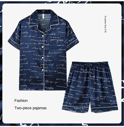 Fashion Summer Autumn 3 Piece Silk Men Pajamas Set Short Sleeve Shorts Oversize Homewear Lapel Collar Loungewear Pijamas for Man
