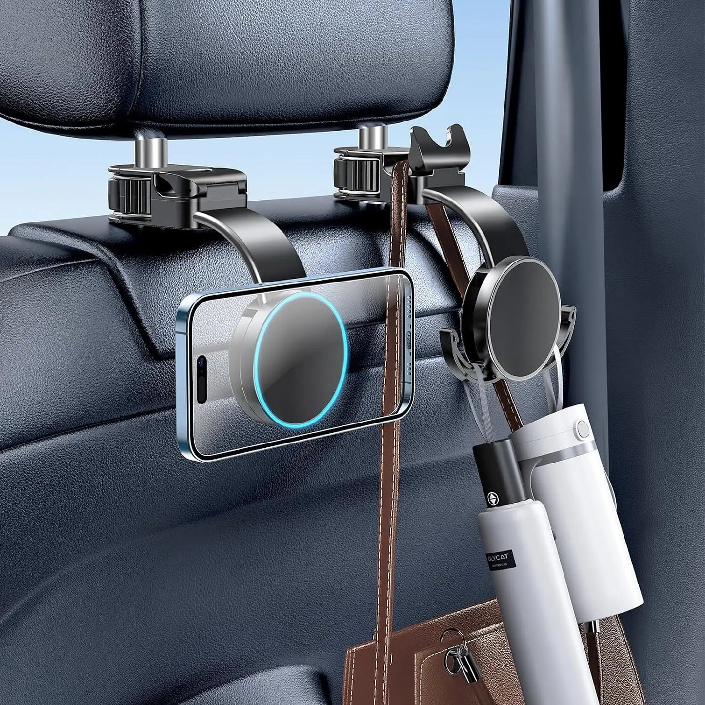 Magsafe Phone Holder for Backseat, Hideable Storage Key Bag & Bendable Strong Magnetic Seat Phone Holder