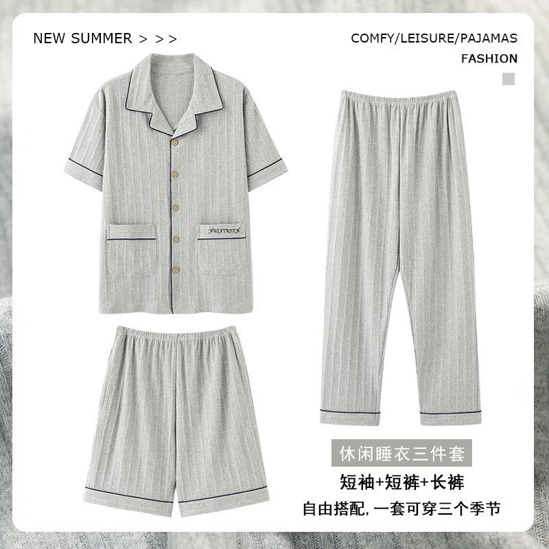 2023 New Cotton Sleepwear Men's 3 Pieces Set Homewear Plus Size 4XL Cardigan Nightwear Short Sleep Tops & Shorts & Long Pants