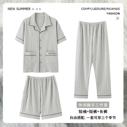 2023 New Cotton Sleepwear Men's 3 Pieces Set Homewear Plus Size 4XL Cardigan Nightwear Short Sleep Tops & Shorts & Long Pants