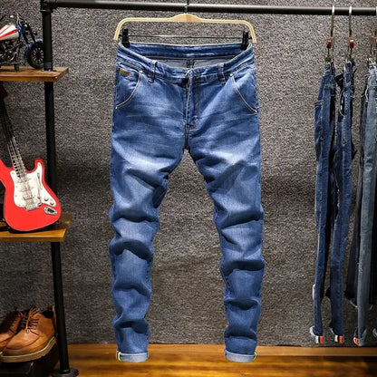 Slitna Slim Jeans för Herr – Elastiska Straight-fit Denim i Koreansk Stil
