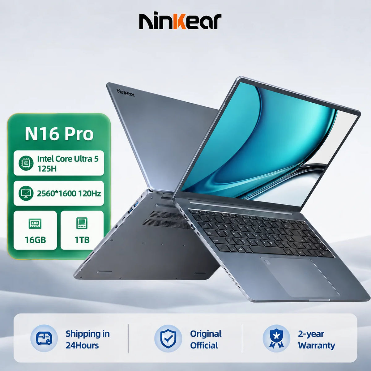 Ninkear Laptop 16 Inch 2.5K 120Hz Display, Intel Core Ultra 5 125H AI Laptop, 16GB DDR5 RAM 1TB SSD, WiFi 6 Bluetooth 5.2, Backlit Keyboard Fingerprint, Professional Laptop for Work Creation
