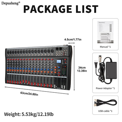 6/8/12/16 Channel Depusheng Audio Mixer Professional  Sound Board DJ Mixing Console System Interface USB MP3 Input Bluetooth 48V