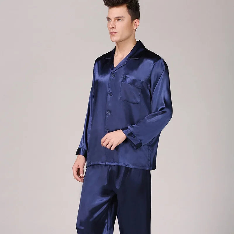 Herr Silk Satin Pyjamas 2-delad – Långärmad Topp & Byxor Tryckt Mönster, Svart/Röd/Marinblå
