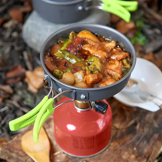 Campingkokset 9-delar – Non-Stick Aluminium, Kastrull, Panna, Skålar & Förvaringsväska, Ljusgrön