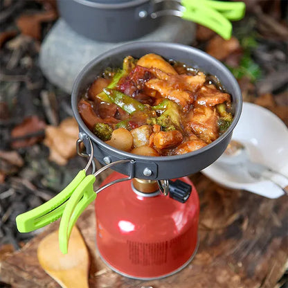 Campingkokset 9-delar – Non-Stick Aluminium, Kastrull, Panna, Skålar & Förvaringsväska, Ljusgrön