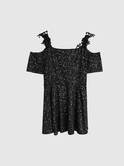 Plus Size Glitter Peplum Top Cold-Shoulder Stretchy Party Blouse Glam Evening Top