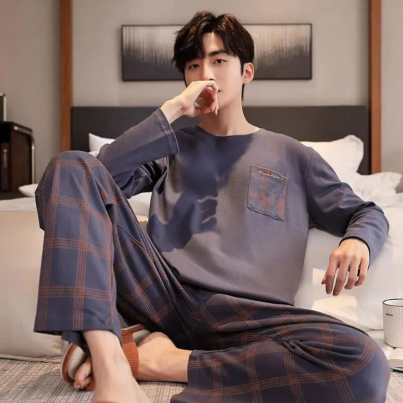 L-5XL Spring and Autumn Knitted Cotton Plaid Pajamas Set Men Long Sleeve Sleepwear Casual Soft Pyjamas Male Home Clothing