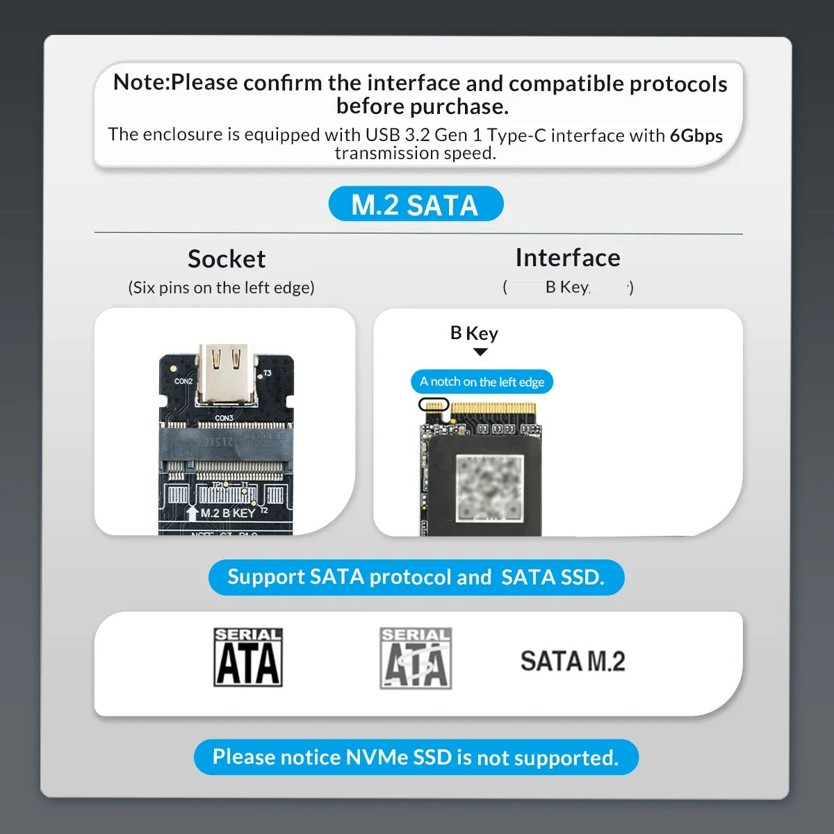 M2 SSD Case M.2 NVMe SATA SSD Enclosure Adapter 10Gbps USB 3.2 Gen2 USB C External Enclosure Supports M and B and B&M Keys