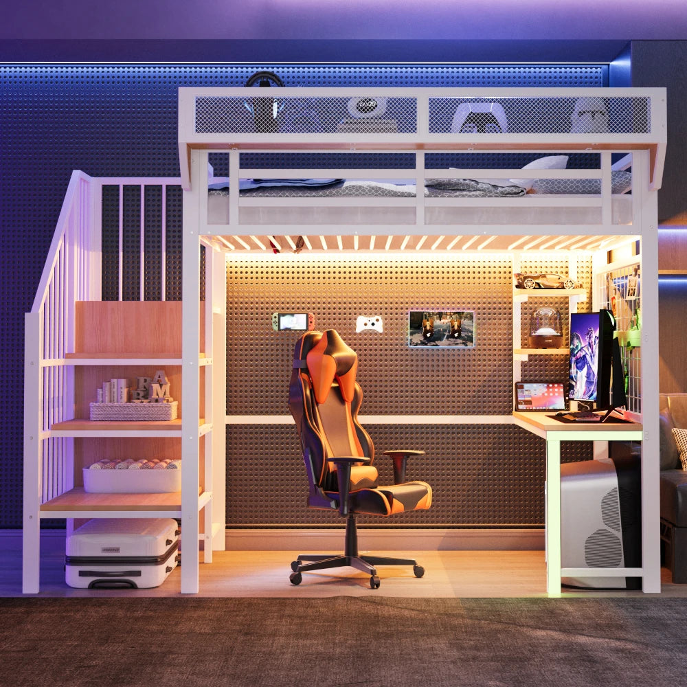 90×200cm & 140*200cm Metal High Bed, with Desk, Shelf and Storage Net, Complete with Safety Ladder, LED Lighting and Socket