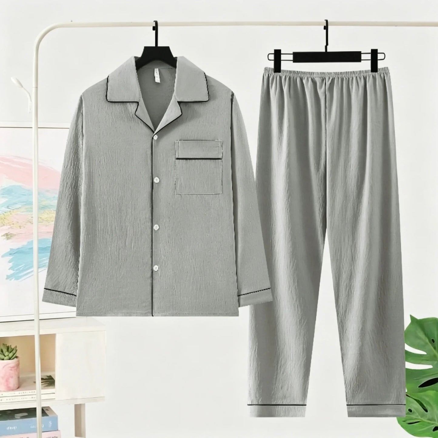 Herr Pyjamas Set Lyx Oversized – Långärmad Enfargad Mjuk Plus Size Höst 2026, 10 Färger L–5XL