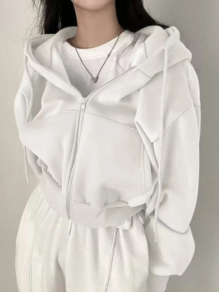 Zip Up Hoodies Women Autumn Winter Warm Fleece Lined Long Sleeve Cropped Jackets New Fashion Hooded Sweatshirts Female Y2K Coats