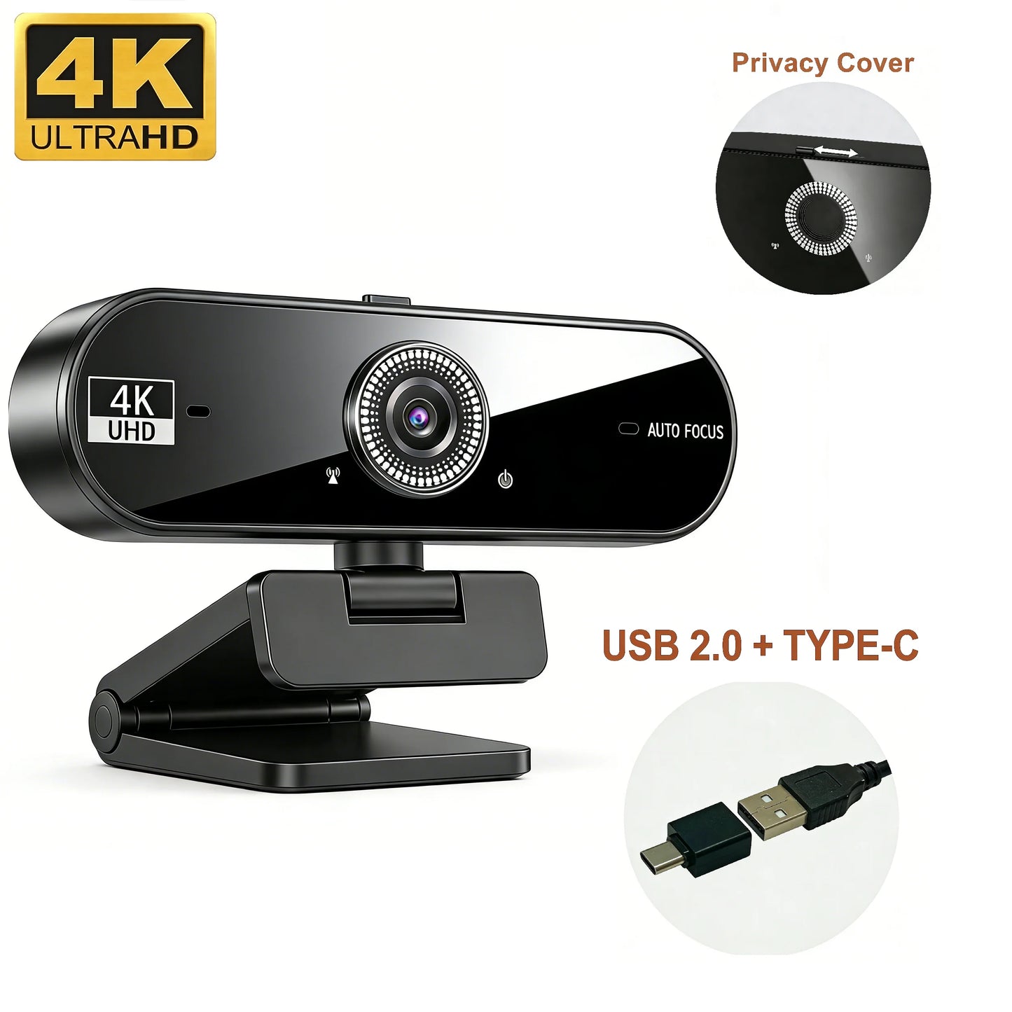4K Webcam for PC 30fps Autofocus Web Camera With Noise Reducing Microphone Privacy Cover Auto Exposure USB 2.0 Type-C Adapter