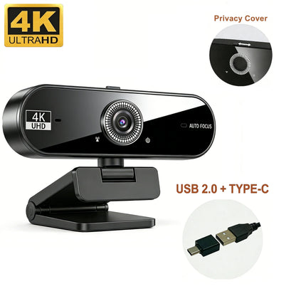 4K Webcam for PC 30fps Autofocus Web Camera With Noise Reducing Microphone Privacy Cover Auto Exposure USB 2.0 Type-C Adapter