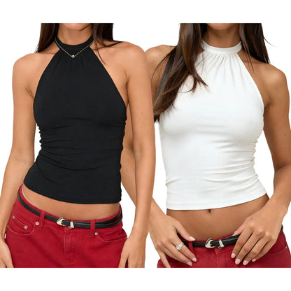 Dam Halterneck Linne 2026 – Slim Fit Ryggöppen Ärmlös Sexig Sommar, Svart & Vit S–L