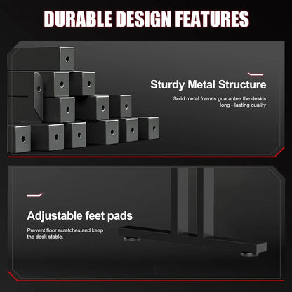 120/140/160CM Gaming Desk with LED Lights & Power Outlet, Ergonomic Carbon Fiber Computer Gamer Desk with Dual Monitor Stand,  Cup Holder & Headphone Hook, Home Office Gaming Table