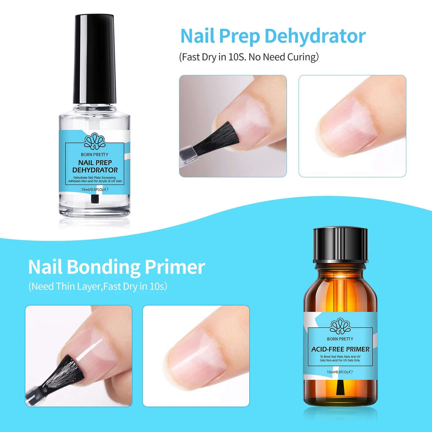 BORN PRETTY 2Pcs 15ml Nail Prep Dehydrator And ACID-FREE Primer Air Dry No Lamp Needed Nail Art Functional Gel Manicure Supplies