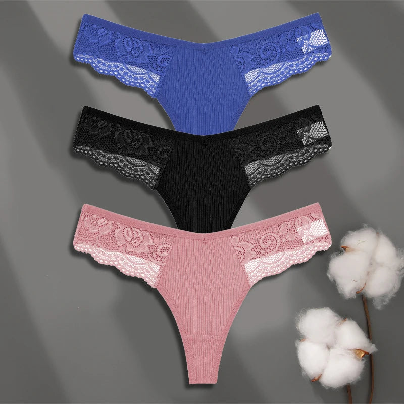 FINETOO 3-pack spetsstring i bomull med låg midja