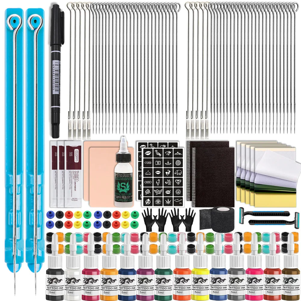 3D Hand Poke and Stick Tattoo Kit Tattoo Needle Tattoo Ink Cup Pigment Glover Bandage Kit for DIY Body Arts Beginners Practice