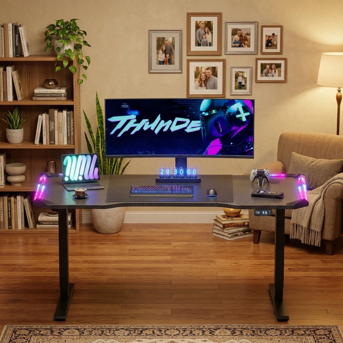 120/140/160cm Electric Height Adjustable Table, Ergonomic Gaming Desk with LED Lights, Carbon Fiber Desktop for Home Office