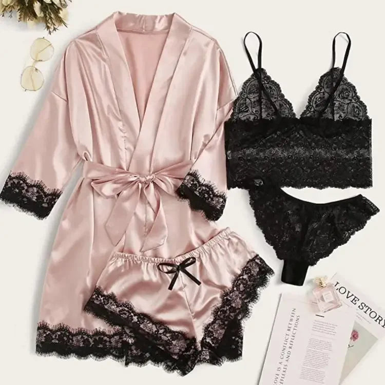 Pyjamasset dam med satinkänsla och spets – sex färger, S–2XL