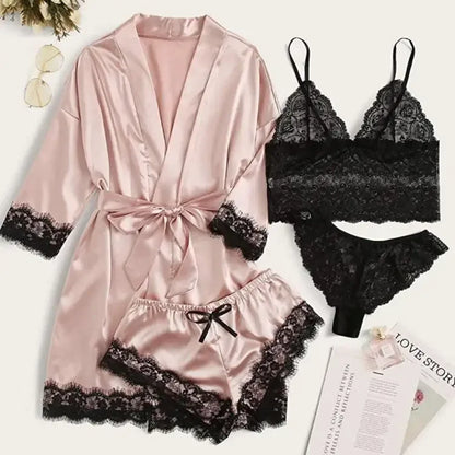 Pyjamasset dam med satinkänsla och spets – sex färger, S–2XL