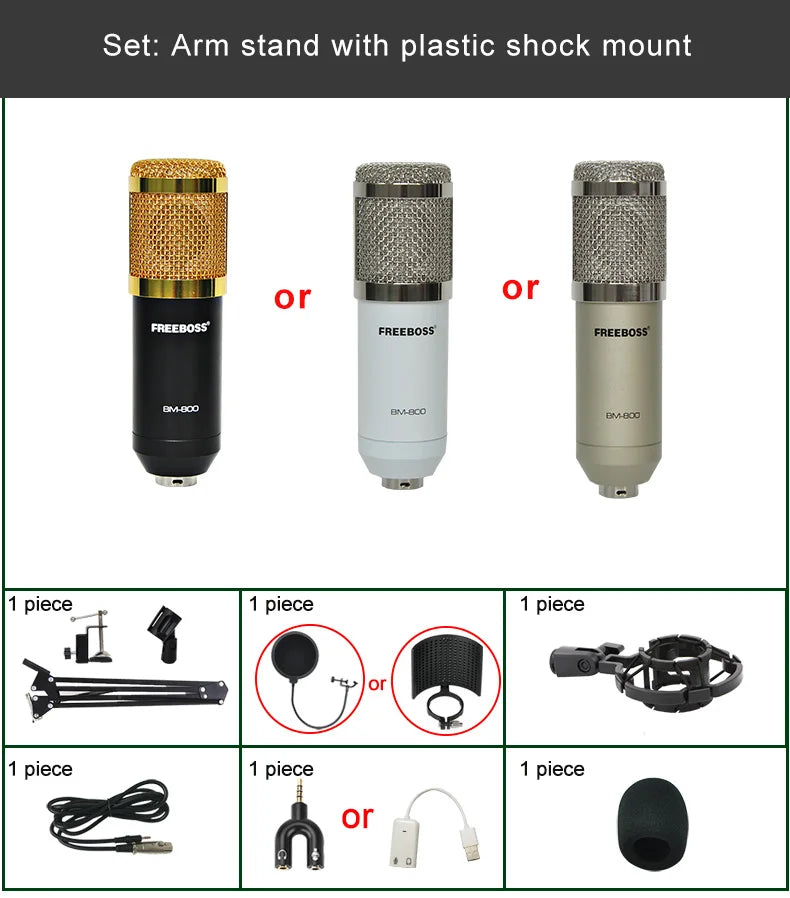 Freeboss BM-800 Kondensatormikrofon-kit med arm och stöttålig fäste för dator
