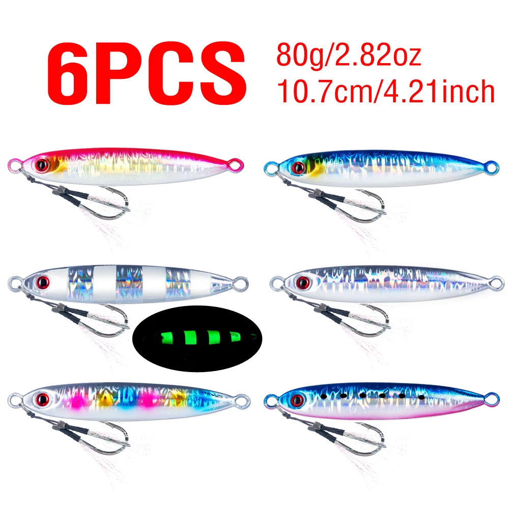 6Pcs Metal Jigging Lure 10-100g Slow Sinking Casting Bait 3D Eyes Luminous with Assist Hooks for Sea Fishing