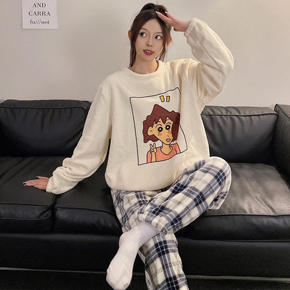 Kawaii Crayon Shin-Chan Couple Pajamas Set New Men's/women's Fashion Casual Pajama Plush Coral Fleece Winter Cartoon Homeclothes