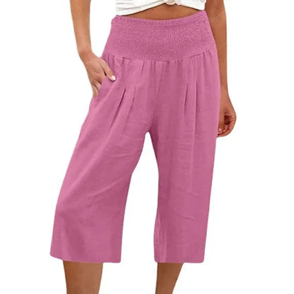 Summer 2024 Amazon Eurn women's cross-border cotton hemp seven waist pocket pocket pocket pocket wide leg pants woman