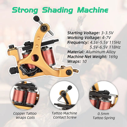 Professional Tattoo Coil Machine Tattoo Liner and Shader 10 Wraps Coils Iron Handmade Coil Tattoo Machine Gun for Tattoo Needle