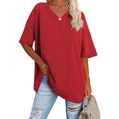 Women's Loose V-Neck Top Spring/Summer New Color Half Sleeve European American Style Clothing Amazon Foreign Trade