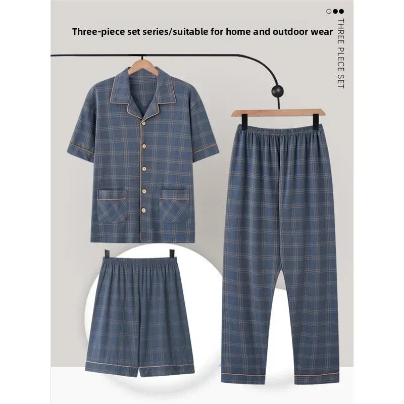 3/pce Set Men Fashion Casual Spring Autumn Loungewear Male Short Sleeves Pants Shorts Pajama Set Man Loose Collared Plaid Pajama