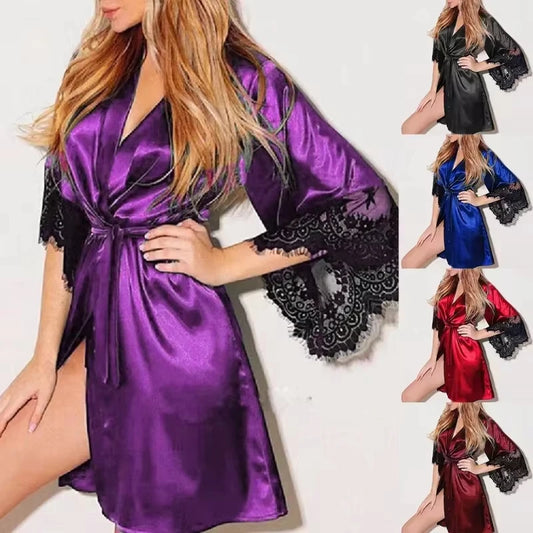 Dam Nattlinne & Morgonrock 2026 – Sexig Satäng Spets G-string Fransk Stil Sleepwear, S–XXXL