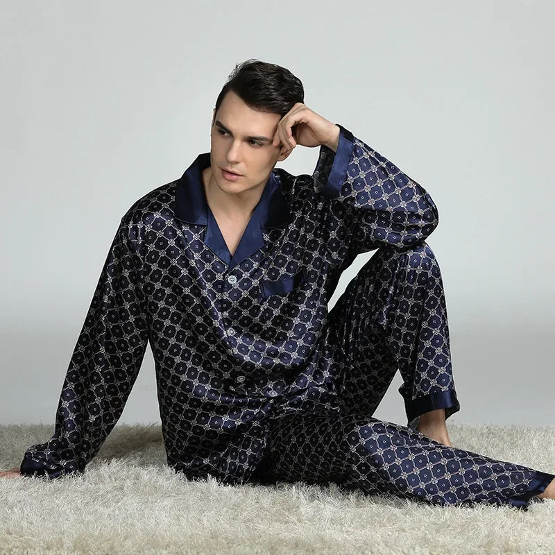 Herr Silk Satin Pyjamas 2-delad – Långärmad Topp & Byxor Tryckt Mönster, Svart/Röd/Marinblå