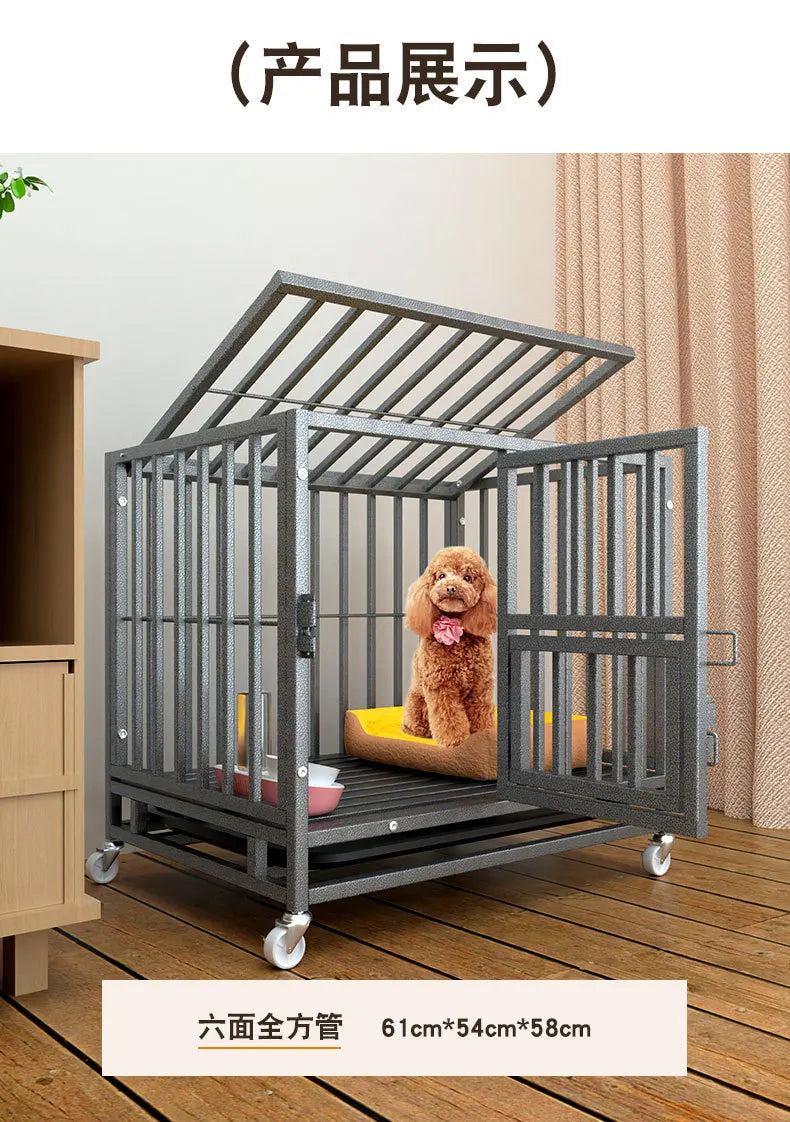 Heavy Duty Square Tube Dog Cage for Medium Large Dogs Indoor Metal Kennel with Toilet Tray Foldable Iron Pet Crate Furniture