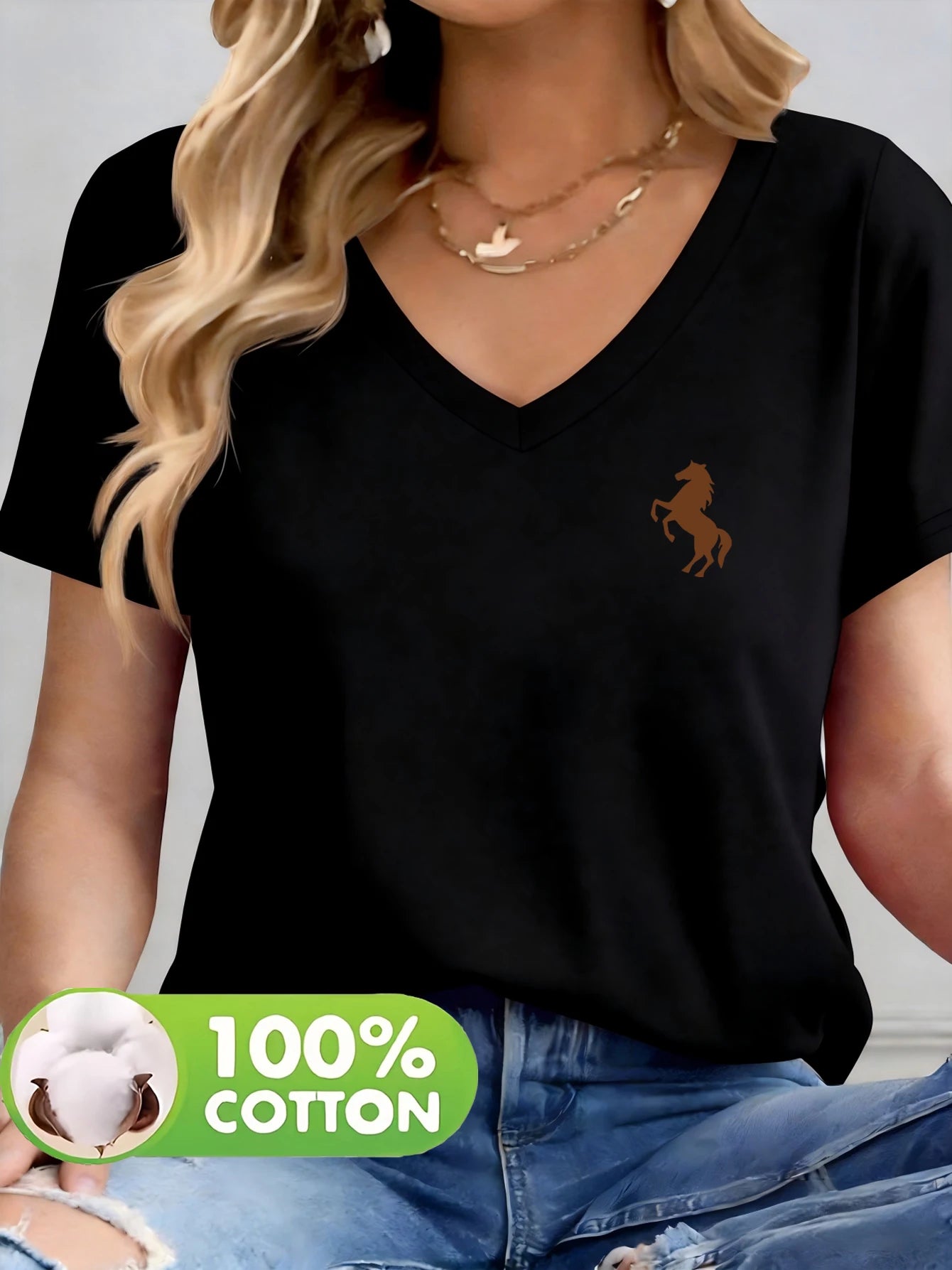 100% Cotton Material, 1 Pack, Women’s Solid-Colored Printed V-Neck T-Shirt, Cotton Fabric, Comfortable and Breathable