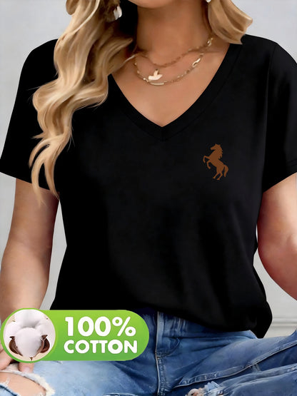 100% Cotton Material, 1 Pack, Women’s Solid-Colored Printed V-Neck T-Shirt, Cotton Fabric, Comfortable and Breathable