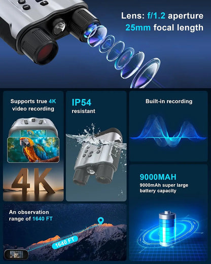 4K Night Vision Goggles with Holographic Display, Night Vision Binoculars 9000mAh Battery 1314 FT Range