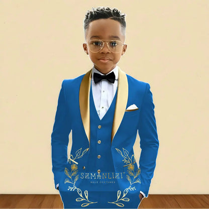 Oil Green Boys Suit 3 Pieces Wedding Tuxedo for Kids Jacket Pants Vest Gold Shawl Lapel Child 2-16 Years Old Customized Outfit