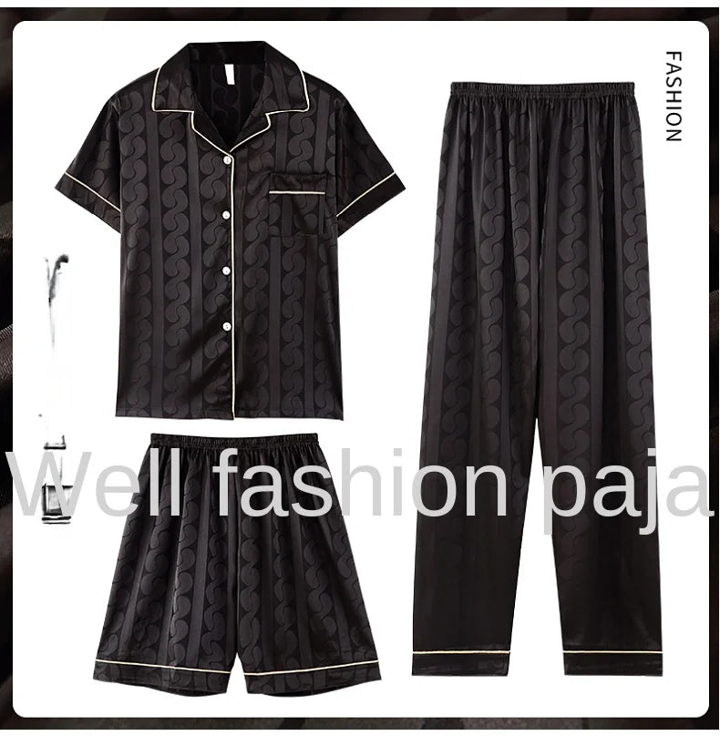 Fashion Summer Autumn 3 Piece Silk Men Pajamas Set Short Sleeve Shorts Oversize Homewear Lapel Collar Loungewear Pijamas for Man