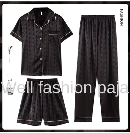 Fashion Summer Autumn 3 Piece Silk Men Pajamas Set Short Sleeve Shorts Oversize Homewear Lapel Collar Loungewear Pijamas for Man