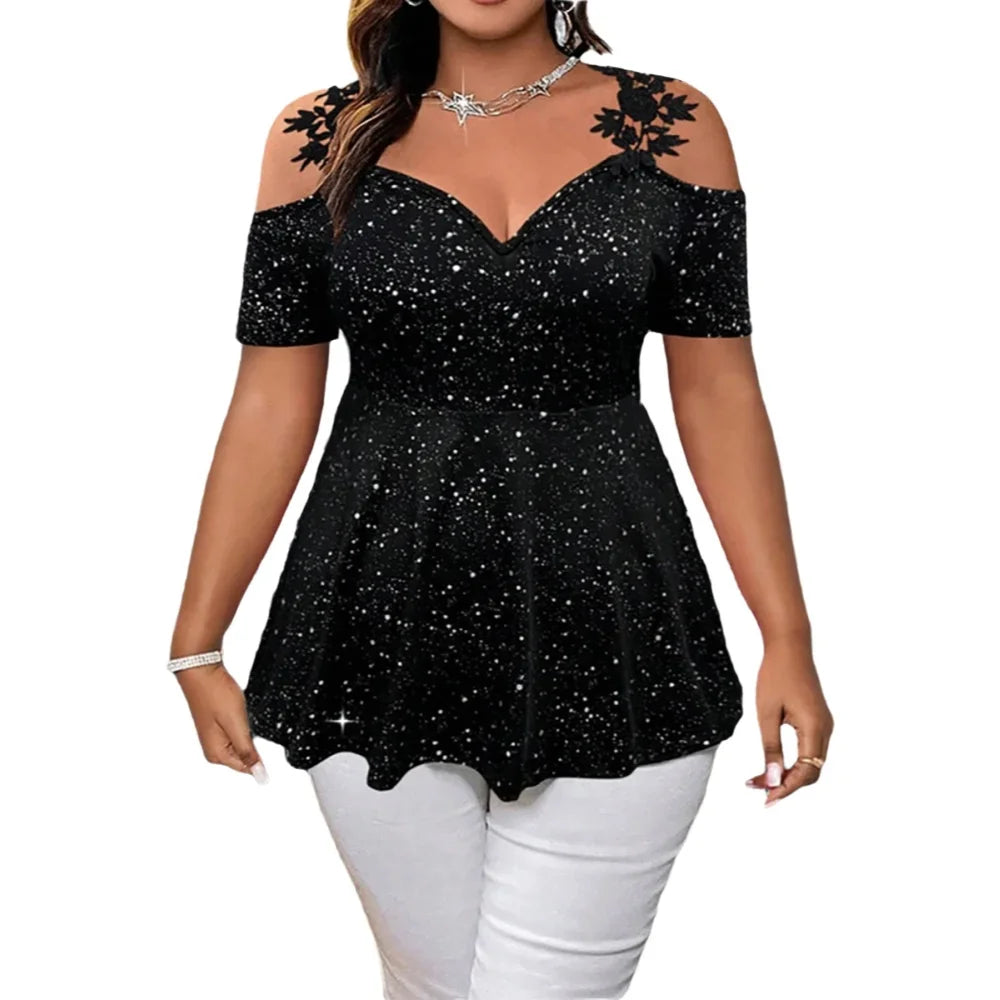 Plus Size Glitter Peplum Top Cold-Shoulder Stretchy Party Blouse Glam Evening Top