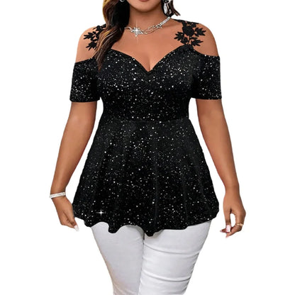 Plus Size Glitter Peplum Top Cold-Shoulder Stretchy Party Blouse Glam Evening Top