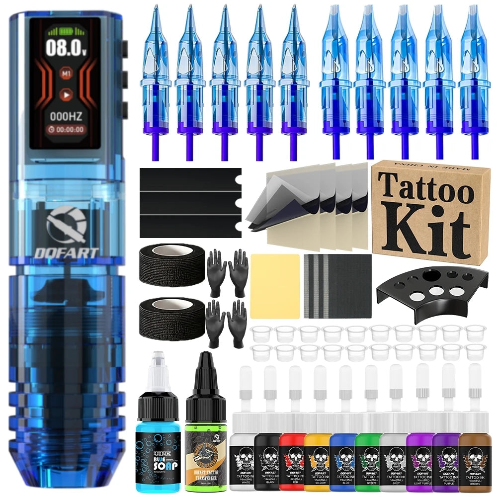 DQFART 1600mAh P2 LED Digital Display Electric Wireless Tattoo Machine Set 12V 6Colors Accessories Body Art Creative Designs