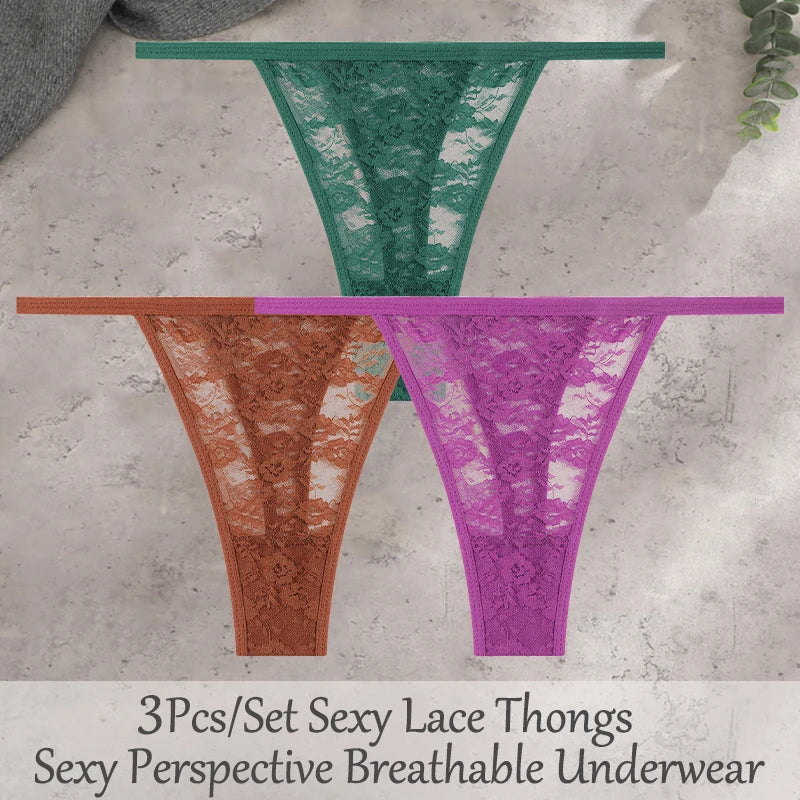 3Pcs/Set Sexy Lace Floral Panties For Women Solid Color Transparent Underwear Female Lace Perspective Hollow Out G-string Thongs