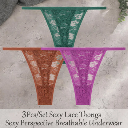 3Pcs/Set Sexy Lace Floral Panties For Women Solid Color Transparent Underwear Female Lace Perspective Hollow Out G-string Thongs